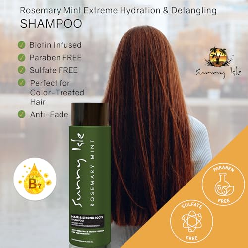 Sunny Isle Rosemary Mint Hair & Strong Roots Shampoo - Anti-Breakage, Growth, Biotin, Castor Oil - 12oz