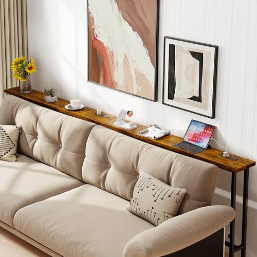 Rustic Brown 90-Inch Sofa Table with Built-In Power Strip and USB Ports