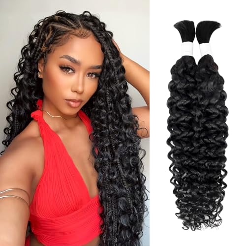 RIZZGYATT 24 Inch Water Wave Human Hair Extensions - No Weft, 2 Bundles, 15A Brazilian Virgin Boho Hair #1B
