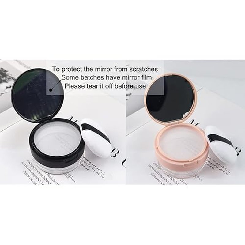 AKOAK 2 Pcs Capacity 20 ml(0.67 oz) Empty Reusable Plastic Loose Powder Compact Container DIY Makeup Powder Case with Sponge Powder Puff,Mirror and Elasticated Net Sifter (Large mesh face)