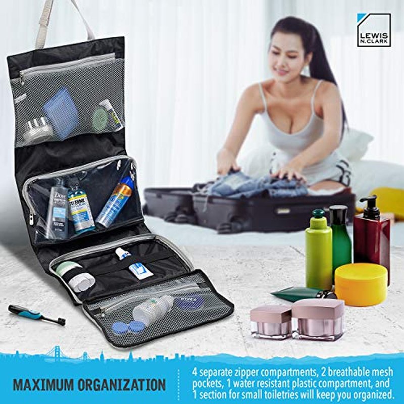Lewis N. Clark Hanging Toiletry Bag for Travel Accessories, Shampoo, Cosmetics + Personal Items with Waterproof Compartment and Folding Design, Black