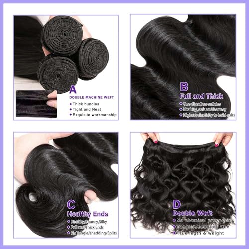 18-22 Inch Body Wave Human Hair Extensions - 3 Bundles, Natural Black