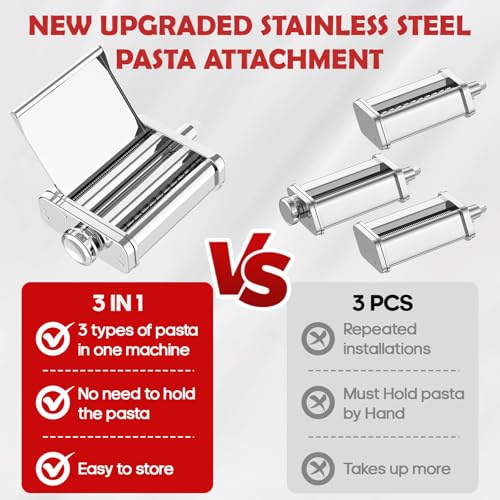 Silver 3-in-1 Pasta Maker Attachment for KitchenAid Stand Mixer - Food-Grade Stainless Steel