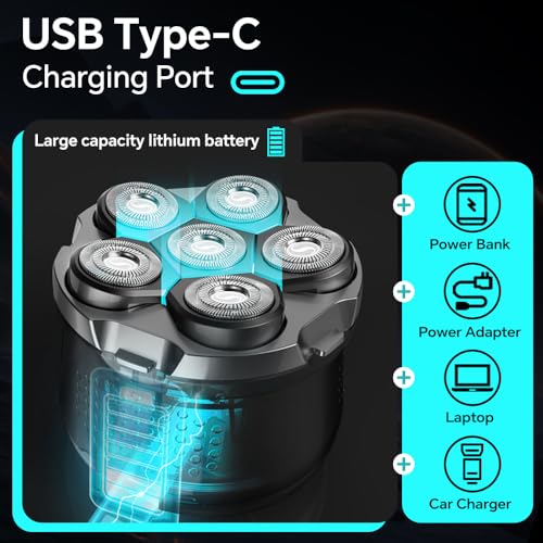 Black 6D Floating Head Rotary Shaver for Men Bald Head Wet Dry Rechargeable with USB-C