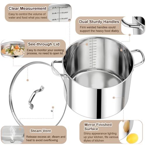 24 Qt Stainless Steel Stock Pot with Lid – Large Cooking Soup Pot for Home & Commercial Use