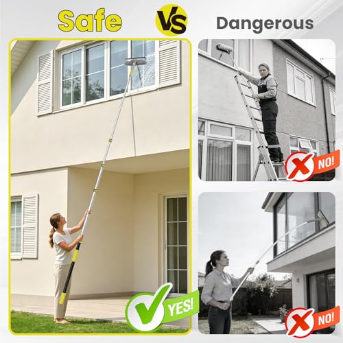 20FT Telescopic Window Squeegee with Extension Pole, 2-in-1 Washable Microfiber & Rotating Head