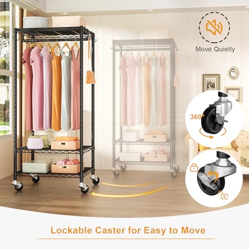FUTASSI Mini Black Rolling Clothes Rack with Adjustable Shelves & Heavy Duty Support