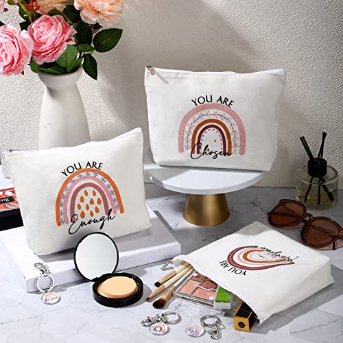 Sieral 60 Pcs Employee Appreciation Bulk Gifts for Women Rainbow Makeup Bags Inspirational Keychains Canvas Cosmetic Bags Thank You Gifts for Secretary Nurse Teacher Volunteers Social Workers