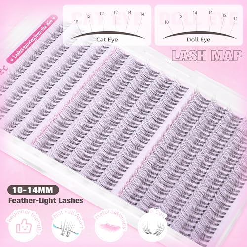 Natural Lash Clusters Wispy Eyelash Clusters Short 10-12-14MM Cluster Eyelash Extensions Clear Band Cluster Lashes 224PCS C Curl Individual Lashes for Clean Girl DIY Pesta?as Postizas Naturales
