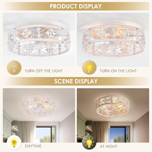 Farmhouse Caged Ceiling Fan with Light - 20 Inch Distressed White with Remote