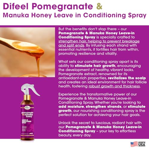 Difeel Pomegranate & Manuka Honey Leave-in Conditioning Spray 8 oz. - Leave in Conditioner for Dry, Damaged Hair, Strengthens, Adds Moisture and Stimulates Growth