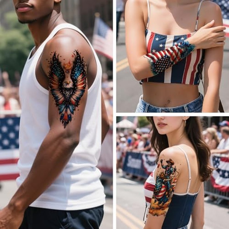 Aresvns 24 Sheets Temporary Tattoo for Adults,USA Eagle and Flag Device, 3D Military Lion Wolf Skull Totem Fake Tattoo, Fourth of July Memorial Day Labor Day Decorations Patriotic Tattoos