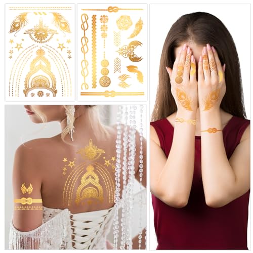 Konsait 9 Sheets Gold Temporary Tattoos, Flash Moon Butterfly Elephant Metallic Tattoos, Metallic Temporary Tattoos for Women Girls, Gold Face Tattoos for Parties Makeup Cosplay Festival Accessories