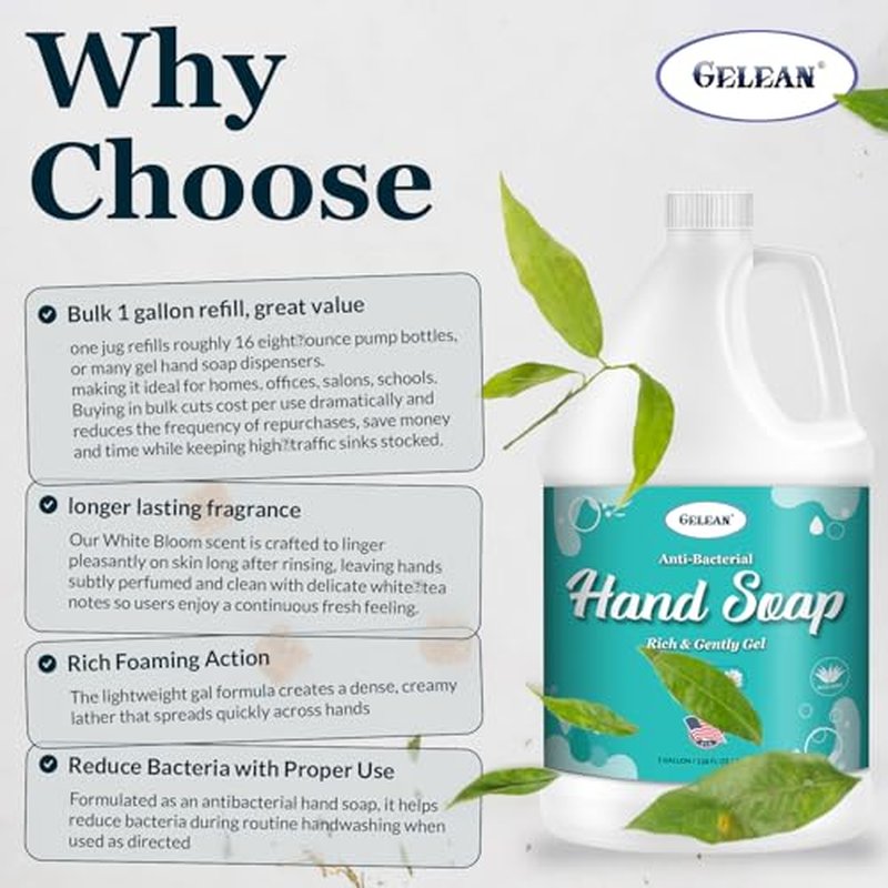 Antibacterial Liquid Gel Hand Soap - pH Balanced - Aloe Vera - White Tea Scent - Rich & Creamy Gently on Skin -Made in USA - Bulk liquid Refill Jug, 128 oz 1 gallon