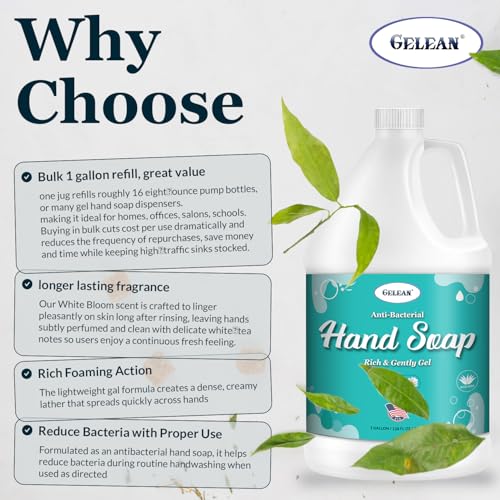 Antibacterial Liquid Gel Hand Soap - pH Balanced - Aloe Vera - White Tea Scent - Rich & Creamy Gently on Skin -Made in USA - Bulk liquid Refill Jug, 128 oz 1 gallon