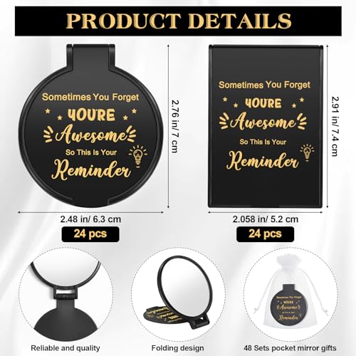 Inspirational Compact Mirrors Bulk Set with Gift Bags – 48 Pcs Portable Makeup Mirrors for Women