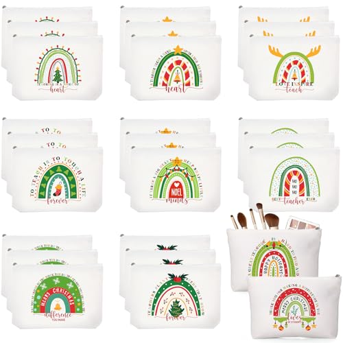 Coume 30 Pcs Teacher Appreciation Gifts Bulk for Women Inspirational Rainbow Canvas Makeup Bags Thank You Cosmetic Bags for Teacher Employee Coworker Gifts, 10 Styles(Joyous)