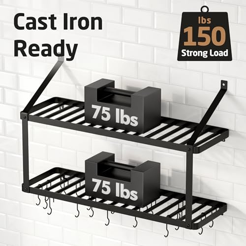KES Black 150 lb Heavy-Duty Wall Mount Pot Rack with 20 Hooks & Lid Holder