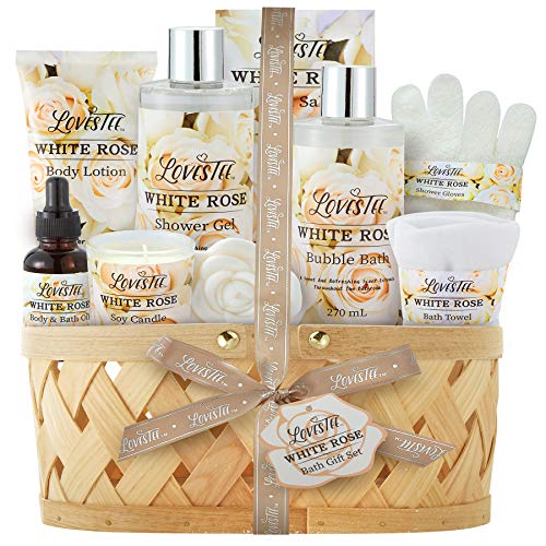 Mothers Day Gifts Bath & Body Spa Gift Basket for Women, Best Gift for Mother's Day & Birthday, White Rose Set Body Lotion, Shower Gel, Bubble Bath, Bath Salt, Towel, Soap, Oil, Candle, Gloves,