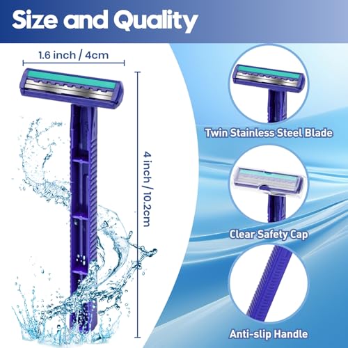 Twin Blade Disposable Razors for Men & Women ? Bulk 135 Pack Stainless Steel Shavers with Lubricating Strip, Safety Cap & Non-Slip Handle for Sensitive Skin, Travel, Hotel, Charity ? Blue