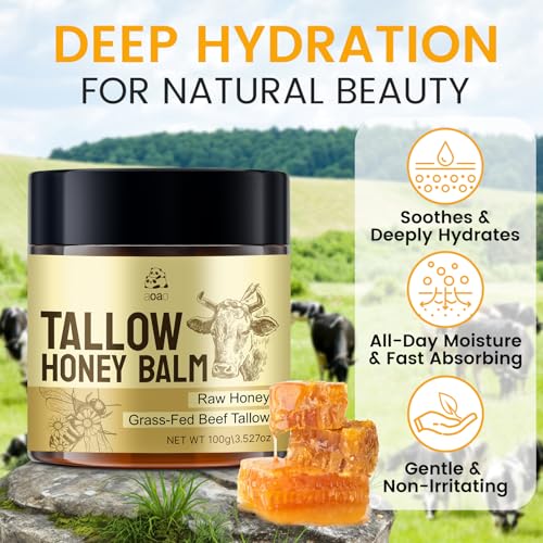 AOAO Tallow Honey Balm for Face & Body, Moisturizer with Organic Grass-Fed Beef Tallow & Raw Wild Honey, Not Diluted, Natural Hydration, Soothes & Nourishes Dry, Sensitive (Tallow Honey_3)