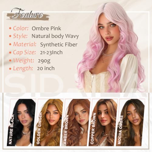 Ombre Pink Synthetic Lace Front Wavy Wig 20 Inch Long Hair for Women - Natural Look, Heat Resistant Fiber, Daily & Party Wear
