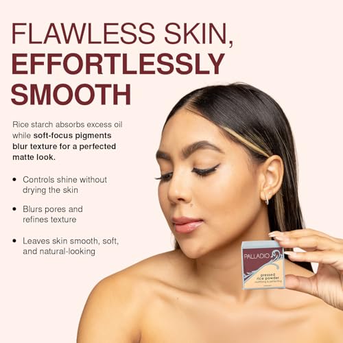 Palladio Pressed Rice Powder, Face Mattifying Setting Powder, Oil Absorbing, Poreless Makeup Foundation Perfecting, Facial Blotting Compact with Mirror, Includes Sponge, Translucent