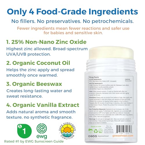 Waxhead Zinc Oxide Sunscreen Stick SPF 30, 4-Ingredient Mineral Sunscreen for Face & Body, EWG 1, Reef Safe Non-Nano, Baby & Kids Sensitive Skin, Water Resistant Sport Tattoo Sunblock, 3.7 oz