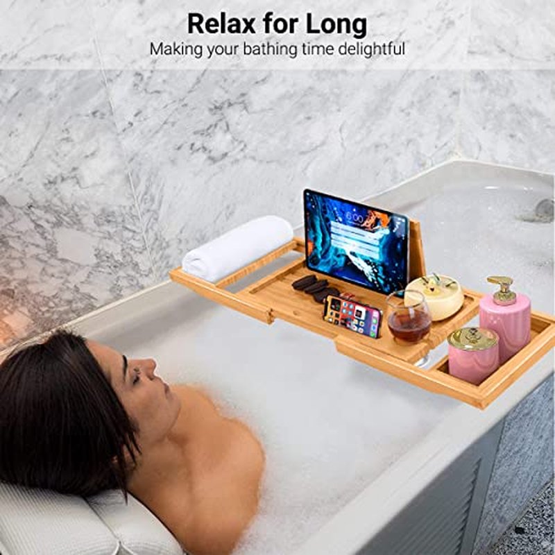 ADOV Bathtub Tray, Foldable Bamboo Bathtub Caddy, Adjustable Bath Tray for Tub with Book Rest, Phone, Tablet, Candle, Towel, Glass Holder, Extendable Wooden Bath-Shelf Fits Most Bathtubs Sizes