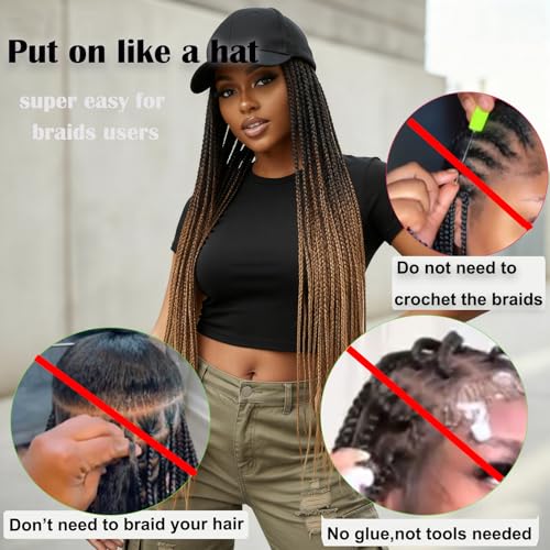 Yunkang 24 Inch Braided Hair Baseball Cap Wig with Adjustable Fit - Ombre Synthetic Box Braid Hat for Women, Daily & Outdoor Use