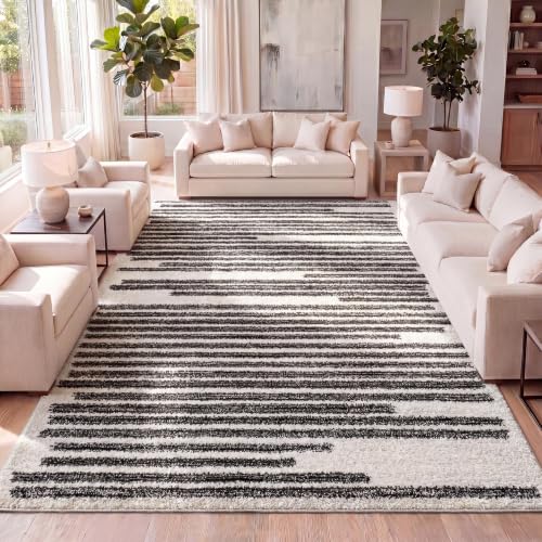 Modern Berber Stripe Area Rug - Cream Black 5'3 x 7'7 - Bohemian, Easy-Clean, Pet-Friendly