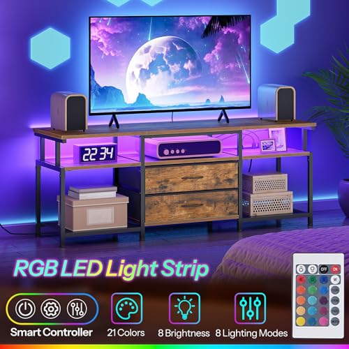 HOOBRO 55.1 Inch Rustic Brown Black TV Stand with Power Outlet and LED Light - Fits 65 Inch TVs