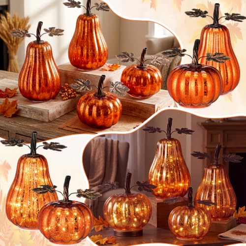 Lighted Glass Pumpkin Decor Set - Fall Thanksgiving Halloween Orange 4 Pcs