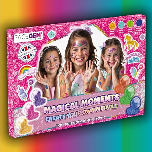 40 Colour - Glitter Tattoos for kids, Glitter tattoo kit, Temporary Tattoos for kids, Face glitter, 200+ Stencils, 40 Colour (10 neon), Rhinestones, Girls birthday present, Face Glitters