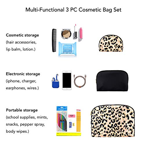 3 Pc Cosmetic Bag Set, Purse Size Makeup Bag for Women, Toiletry Travel Bag, Makeup Organizer, Cosmetic Bag for Girls Zippered Pouch Set, Large, Medium, Small (Black & Leopard)