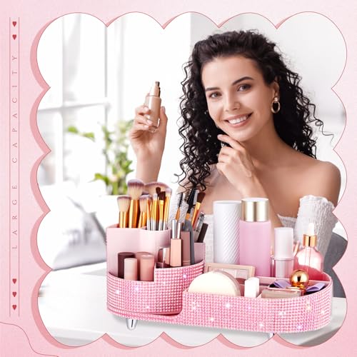 Teen Girls Women Gift 360 Rotating Bling Makeup Organizer Large Rhinestone Diamond Bathroom Organizer Girly Skin Care Brush Holder for Countertop,Bathroom Essentials(Pink,Rhinestone)