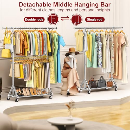 FYBEE Chrome Double-Rod Heavy Duty Clothing Rack | Adjustable Tall Garment Organizer, Load 860LBS