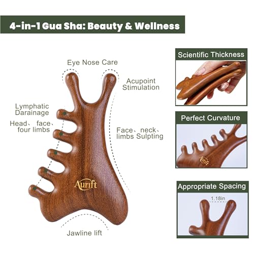 4-in-1 Wooden Gua Sha Facial Tools & Hair Detangler Brush Set ? Manual Guasha tool for Face & Jawline Lifting, Double Chin Reduction, Scalp & Head Massager, Eye & Ear Acupressure, Gift for Women