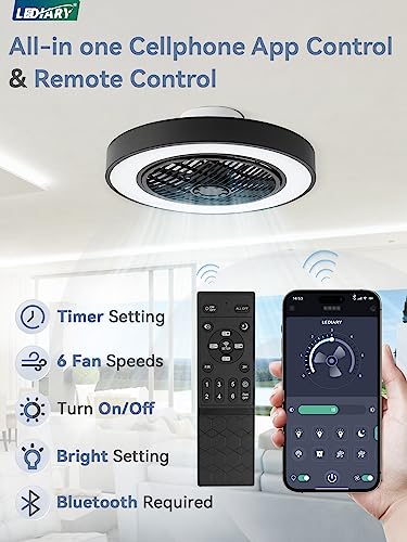 LEDIARY 20 Inch Black Bladeless Enclosed Ceiling Fan with Dimmable LED Light