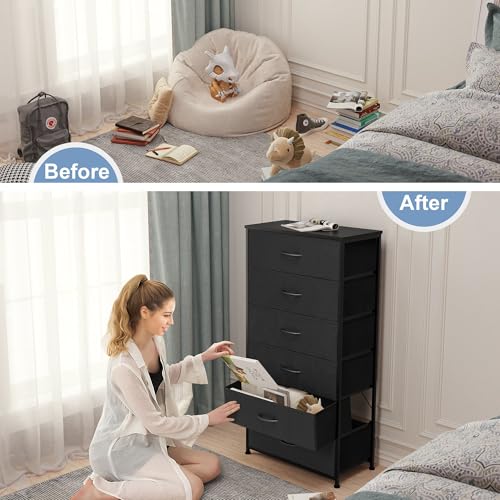 Tall 6-Drawer Fabric Storage Tower Dresser for Closet Black Wide - Space Saver Organizer
