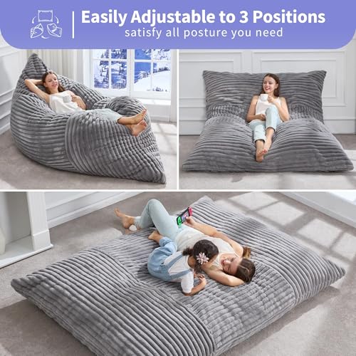 Hobestluk 3-in-1 Large Grey Bean Bag Sofa & Lounger - Adult Convertible Chair