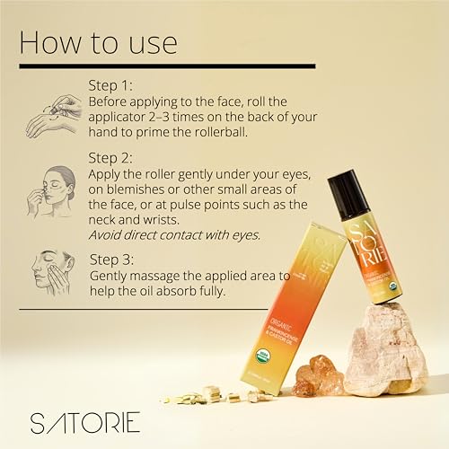 Satorie 2-Pack Organic Castor & Frankincense Oil with Rose Quartz Rollerball - USDA Certified Essential Blend Oil Roll-On, for Face, Under Eyes, Anti-aging, Dark Circles