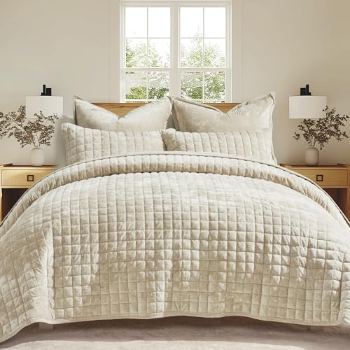 RECYCO King Size Velvet Quilt Set Beige 108" x 96" Channel Box Stitch Luxury Bedding