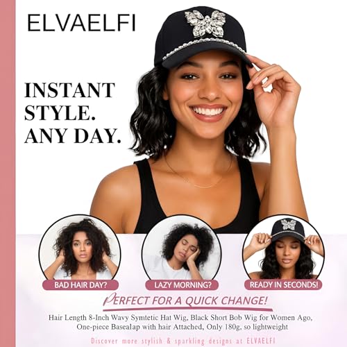 ELVAELFI 8-Inch Short Wavy Black Cap Wig with Rhinestone Butterfly for Women - Variation Cap21-1B / 8 Inch