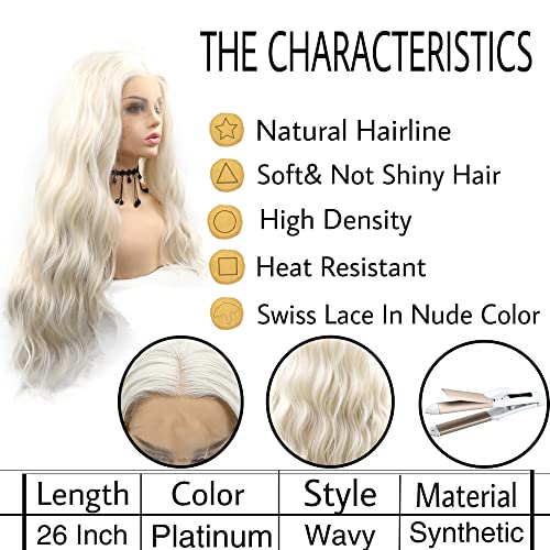 Blonde Curly Lace Front Wig 24 Inch Water Wave Synthetic Hair for Women - Platinum #60 - Natural Look & Heat Resistant - Variation of Blonde