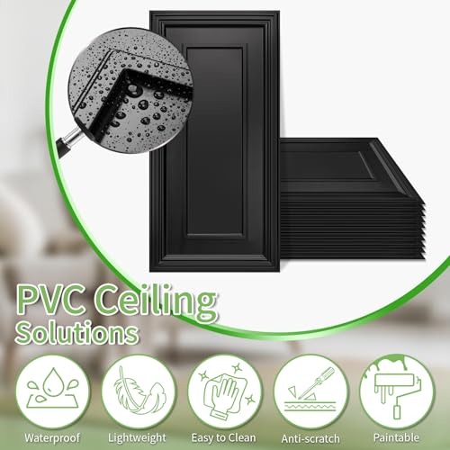Large 2x4 ft Black PVC Ceiling Tiles - 12 Pack, Seamless Drop-In & Glue-Up Panels