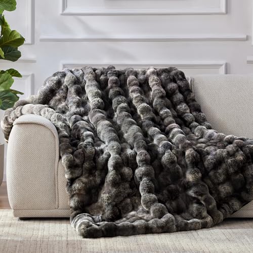 Anysay Faux Fur Throw Blanket - Grey Queen 80x90 Inches Fluffy Bubble Design