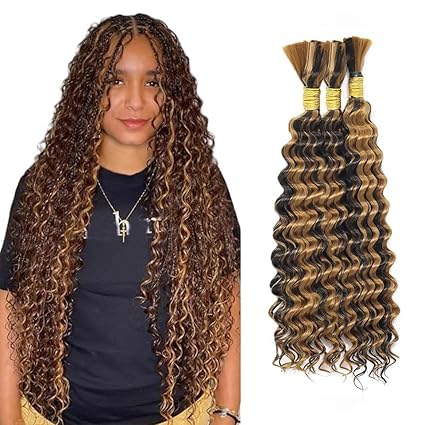 Highlight Brown Human Braiding Hair 14 Inch - B-Highlight Brown/Blonde P4/27, 3 Bundles, Deep Wave, Curly, No Weft