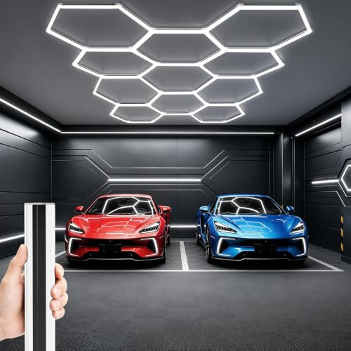 Gardencoin 322W Hexagon LED Garage Light 11 Grids, 1.3-inch Widened Surface, 35400LM, 6500K, Hex LED Lighting for Workshop & Car Detailing