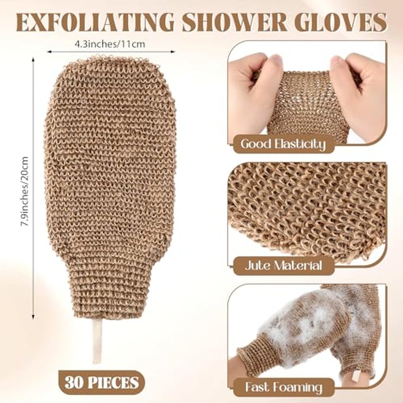 30 Pcs Exfoliating Shower Gloves Stretchable Jute Bath Mitts with Hanging Loop Body Scrubber Exfoliator Loofah Washcloth Deep Clean Dead Skin for Spa Massage Skin Shower Hotel Use(Brown)